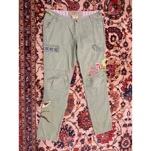 Da-Nang Surplus Indo-Chine Olive Embroidered Cargo Pants Boho Utility Y2K